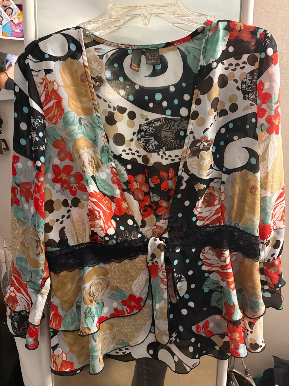 Sere Nade New York Y2K Floral Polka Dot Lace Tie Front Blouse L